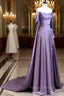 Simple A Line Strapless Sleeveless Satin Lilac Formal Prom Dress Long Formal Prom Dress