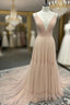 Simple A Line Tulle Champagne Long Formal Prom Dress, Champagne Evening Dress