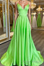 Simple A Line V Neck Green Satin Long Formal Prom Dresses, V Neck Green Formal Graduation Evening Dresses