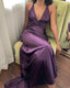 Simple A-Line V Neckline Grape Satin Long Prom Dresses Formal Evening Dress
