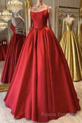 Simple Backless Red Satin Long Formal Prom Dresses, Backless Red Formal Dresses, Red Evening Dresses