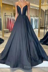 Simple black satin long Formal Prom Dresses, black evening Dresses