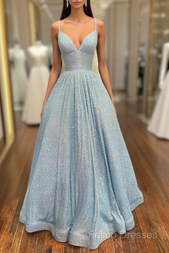 Simple Blue V Neck Sequin Long Formal Prom Dress,A Line Blue Formal Dr