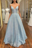 Simple Blue V Neck Sequin Long Formal Prom Dress,A Line Blue Formal Dress