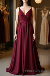 Simple burgundy chiffon lace long Formal Prom Dresses, burgundy evening Dresses