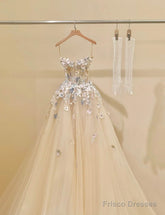Simple Champagne A-Line Spaghetti Straps Tulle Applique Long Prom Dress Sweet Wedding Dress