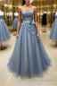 Simple gray blue tulle lace applique long Formal Prom Dresses, tulle evening Dresses