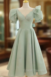 Simple Green V Neck Satin Short Formal Prom Dress, Green Evening Dress