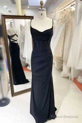Simple Long Black Satin Prom Dresses Pleated Spaghetti Straps