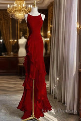Simple Mermaid Red Chiffon Long Formal Prom Dress
