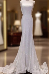 Simple Mermaid Spaghetti Straps Sequin White Long Wedding Dress