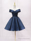 Simple Off Shoulder Satin Dark Blue Short Prom Dress, Blue Homecoming Dress
