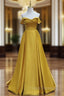 Simple Off Shoulder Satin Yellow Long Formal Prom Dress, Yellow Long Formal Dress