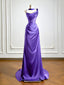Simple One Shoulder Satin Sweep Train Purple Prom Dress