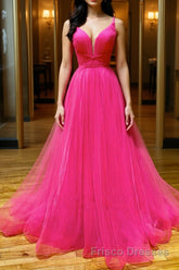 Simple pink v neck tulle long Formal Prom Dresses pink formal Dresses