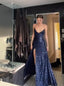 Simple Sheath Straps Long Navy Blue Slit Sequin Prom Dress