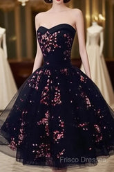 Simple Short Black Tulle Party Dress With Floral, Lovely Short Formal Prom Dress