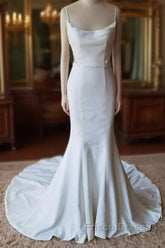 Simple Spaghetti Straps Satin Mermaid Ivory Wedding Dress Bridal Gown