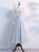 Simple Tulle Lace Gray Blue Prom Dresses, Tea Length Lace Bridesmaid Dresses