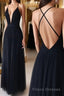 Simple v neck black tulle long Formal Prom Dresses, black evening Dresses