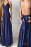 Simple v neck blue long Formal Prom Dresses, blue evening Dresses