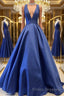 Simple V Neck Blue Satin Long Formal Prom Dresses, V Neck Blue Formal Dresses, Cheap Blue Evening Dresses