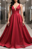 Simple v neck burgundy satin long Formal Prom Dresses burgundy formal Dresses