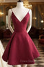 Simple V Neck Burgundy Short Formal Prom Dress, Burgundy Homecoming Dress