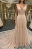 Simple v neck champagne tulle long Formal Prom Dresses, champagne evening Dresses