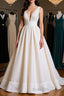 Simple V Neck Ivory Satin Long Formal Prom Dresses, Open Back Ivory Formal Evening Dresses, Ivory Wedding Dresses