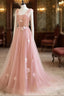 Simple V Neck Pink Tulle Long Formal Prom Dress Pink Tulle A Line Formal Dress