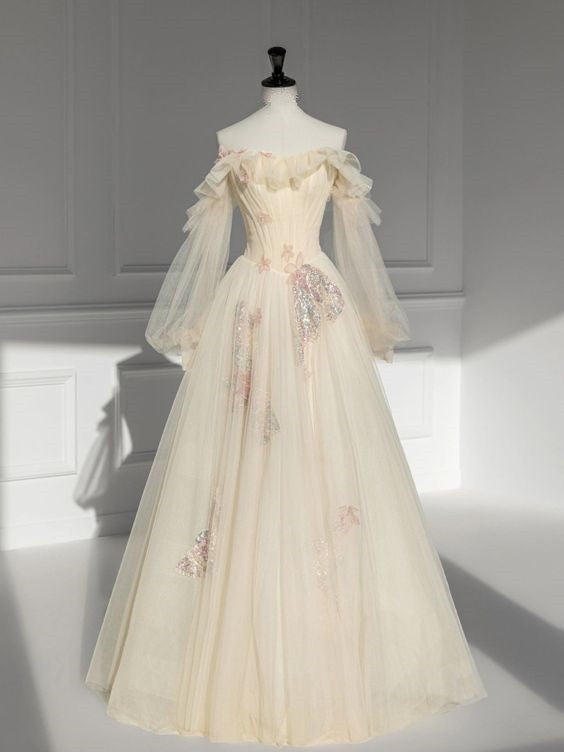 Champagne Off-The-Shoulder Gown Dress Long Sleeve Prom Dress Evening D