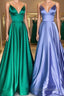 Simple v neck satin long Formal Prom Dresses satin evening Dresses