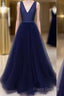 Simple V Neck Tulle Long Formal Prom Dress, Dark Blue Formal Dress