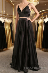 Simple V Neck Two Pieces Black Formal Prom Dresses, 2 Pieces Black Long Formal Dresses, Black Evening Dresses