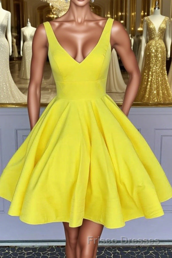 Simple V Neck Yellow Short Formal Prom Dresses, V Neck Yellow Homecomi Frisco Dresses Simple V Neck Yellow Short Formal Prom Dresses, V Neck Yellow Homecomi Frisco Dresses