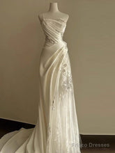 Simple White Mermaid One Shoulder Satin Lace Pleats Wedding Dress