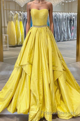 Simple yellow satin long Formal Prom Dresses yellow evening Dresses