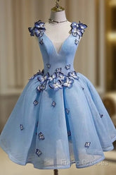 Sky Blue Homecoming Dress Butterfly Applique Short Formal Prom Dress