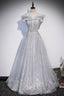 Sliver-Grey Shiny Tulle Off Shoulder Prom Dress, Sliver Long Party Dresses