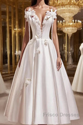 Spaghetti Strap Satin White Floral Short Formal Prom Dress