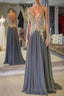 Gray Spaghetti Straps A-line Beaded Long Formal Prom Dress