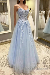 Spaghetti Straps Blue Lace Formal Prom Dress, Blue Lace Long Formal Evening Dress