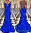 Spaghetti Straps Blue Satin Mermaid Formal Prom Dress