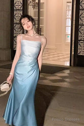 Spaghetti Straps Gradient Blue Mermaid Long Prom Dresses