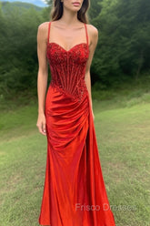 Spaghetti Straps Mermaid Formal Prom Dress Appliqued Corset Formal Prom Dress With Split