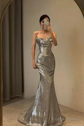 Spaghetti Straps Silver Mermaid Long Prom Dresses