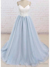 Spaghetti Straps Sweep Train Backless Light Blue Tulle Prom Dress Evening Dress