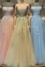 Spaghetti Straps Tulle Appliques Gold Formal Prom Formal Dress