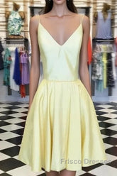 Spaghetti Straps V-Neck Satin Homecoming Dress Short Mini Cocktail Dress